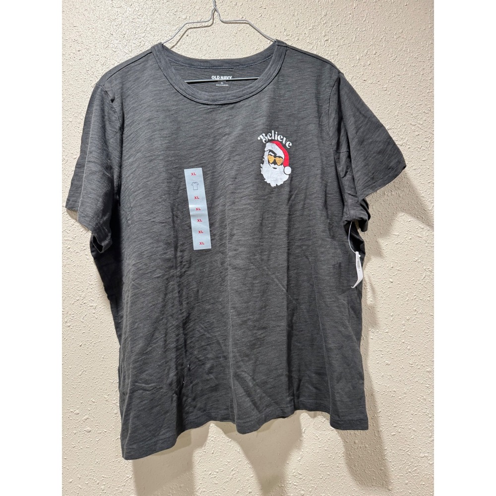 Old Navy Everywear Womens XL Gray Believe Santa Glitter Heart Sunglasses T-Shirt